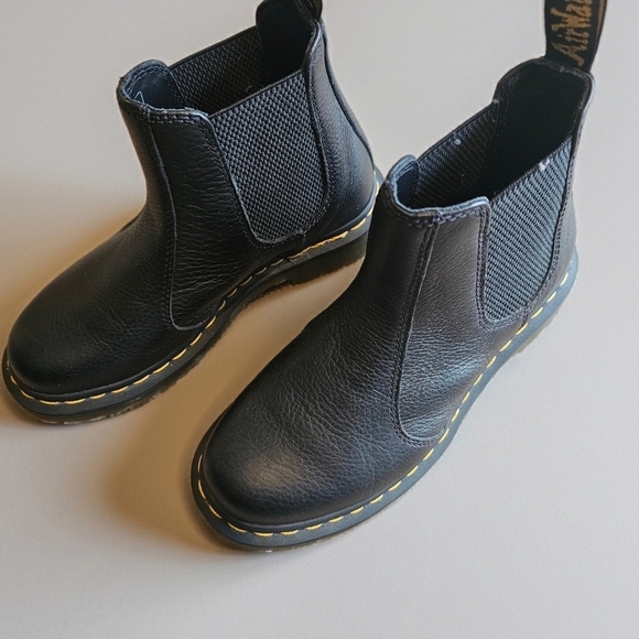 Dr. Martens Shoes - Dr Martens Black Leather Chelsea Boots Yellow Stitch Slip On Ankle Boots